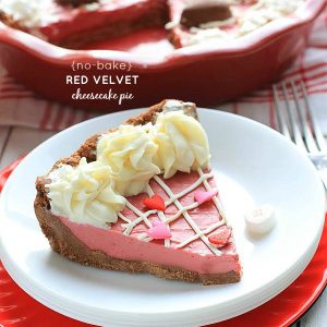 A slice of No-Bake Red Velvet Cheesecake Pie on a plate