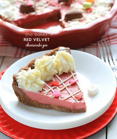 A slice of No-Bake Red Velvet Cheesecake Pie on a plate