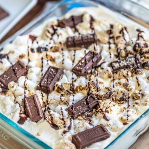 No Bake S'mores Icebox Cake in a square glass pan
