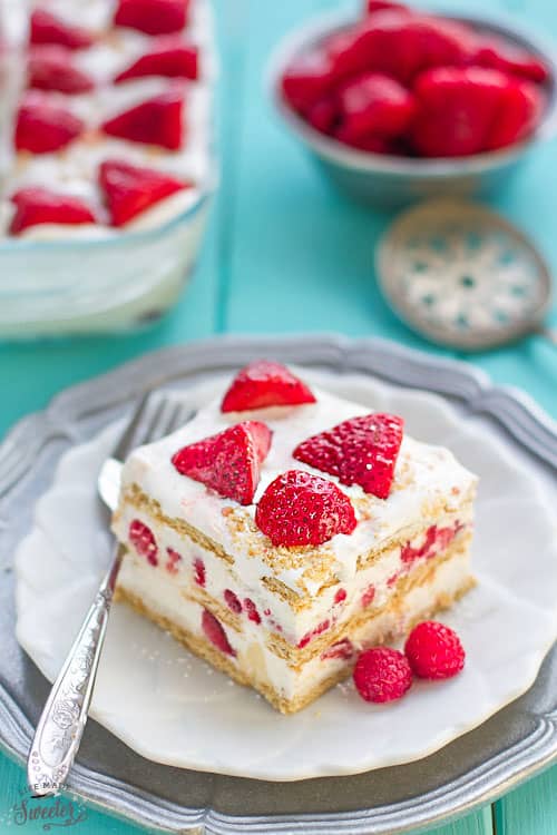 A square of No Bake Strawberry Cheesecake Icebox Cake on a plate with a fork