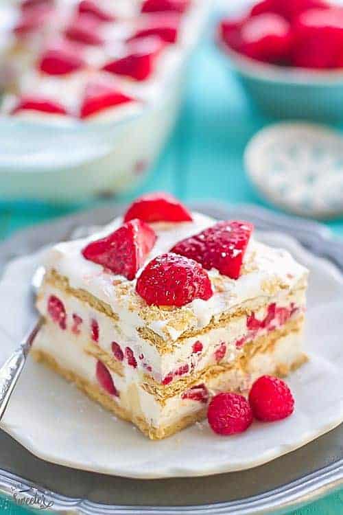 A square of Strawberry Cheesecake icebox cake on a plate