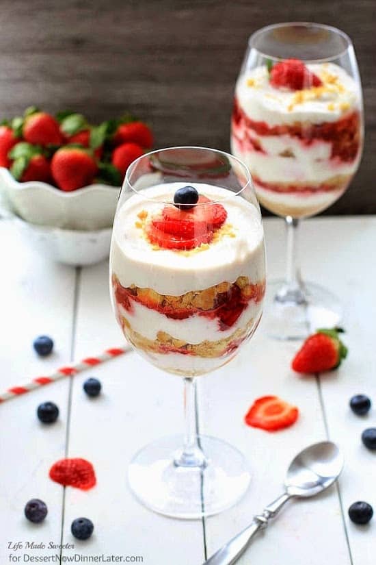 Strawberry Shortcake Cheesecake Parfaits make the perfect easy dessert. Best of all, lightened up with low-fat Greek yogurt and low-fat cream cheese. A simple cheesecake parfait with delicious layers of shortbread cookies and sweetened strawberries.