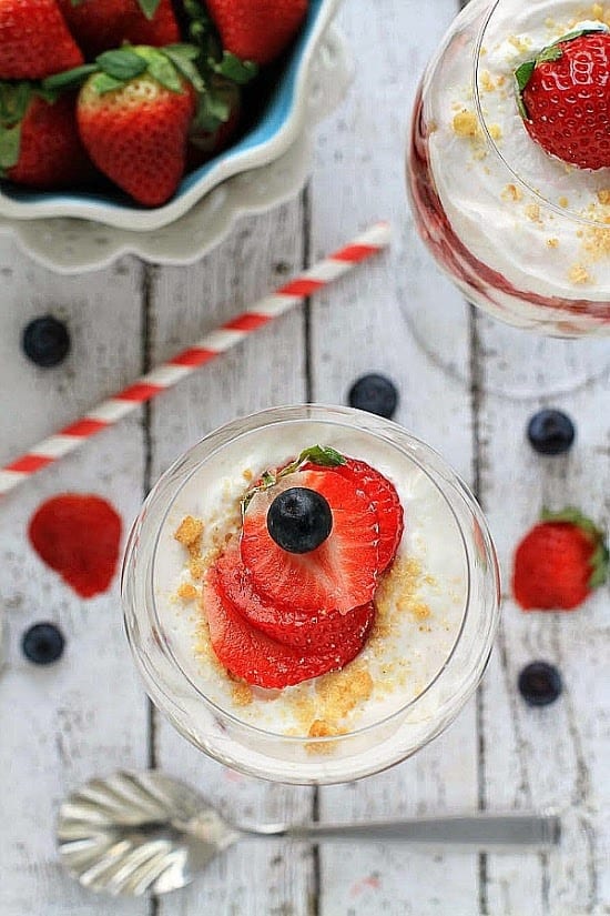 Strawberry Shortcake Cheesecake Parfaits make the perfect easy dessert. Best of all, lightened up with low-fat Greek yogurt and low-fat cream cheese. A simple cheesecake parfait with delicious layers of shortbread cookies and sweetened strawberries.