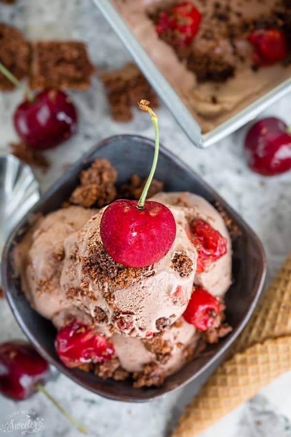 Top view of No Churn Black Forest Ice Cream topped a cherry in a bowl