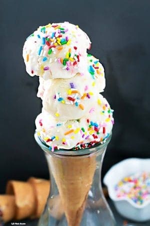 No Churn Cake Batter Ice Cream Funfettii - the easiest & creamiest birthday cake ice cream ever. With ONLY 4 ingredients and so simple to make. Best of all, NO ice cream maker and skip that stop to Cold Stone Creamery! The perfect summer treat for a birthday or any other occasion!