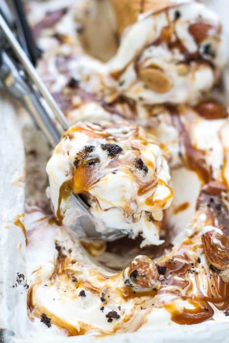 Close up view of salted caramel ice cream.