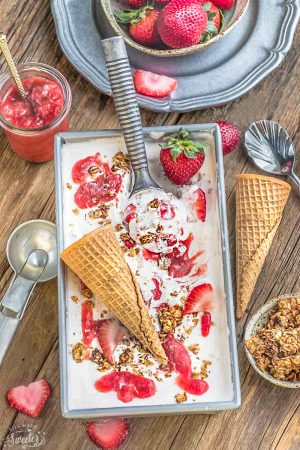 No Churn Strawberry Cheesecake Ice Cream is the perfect frozen sweet treat for summer. Best of all, super simple to make and no ice cream maker needed! Full of delicious fresh strawberries, cream cheese and crunchy granola streusel clusters.