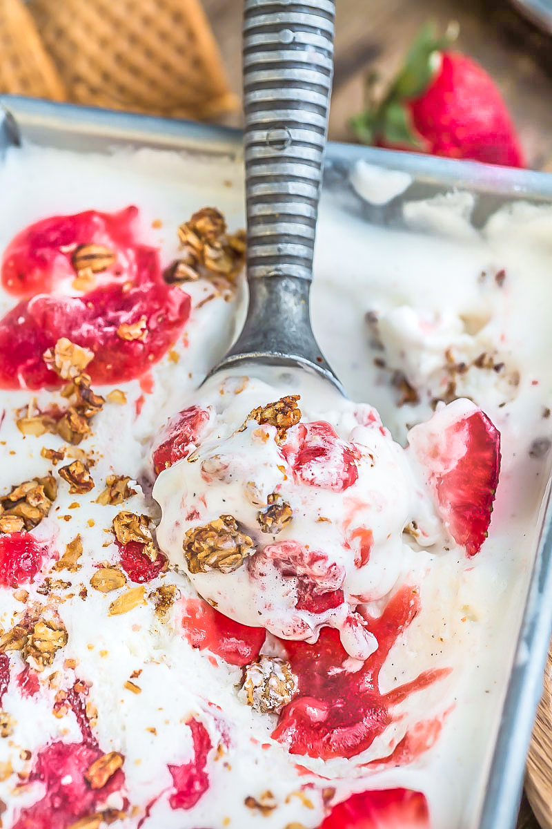 No Churn Strawberry Cheesecake Ice Cream is the perfect frozen sweet treat for summer. Best of all, super simple to make and no ice cream maker needed! Full of delicious fresh strawberries, cream cheese and crunchy granola streusel clusters. 