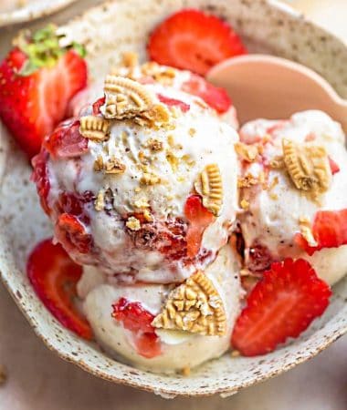 Close-up of a bowl of No Churn Strawberry Shortcake Ice Cream with fresh strawberries