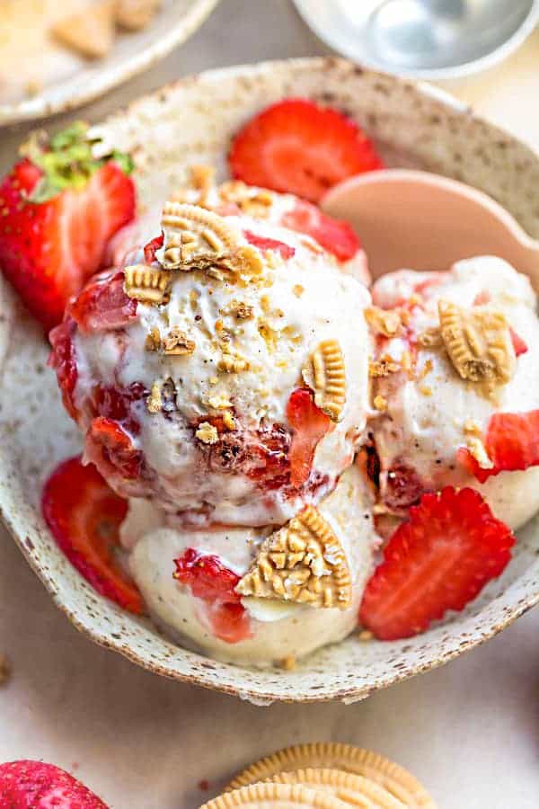 Close-up of no churn strawberry shortcake ice cream garnished with strawberries in speckled bowl.