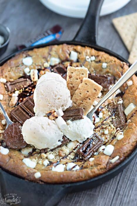 Skillet cookie with spoon.