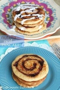 Collage of Nutella Swirl Pancakes on pink and blue plates