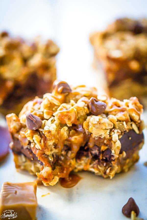 Close-up of Oatmeal Carmelitas with a bite removed