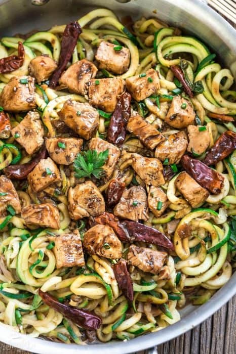 Top view of Kung Pao Chicken Zoodles {Zucchini Noodles} in a skillet