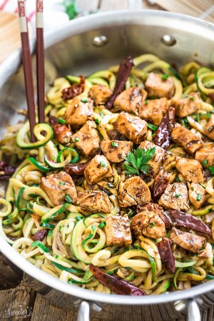 One Pan Kung Pao Chicken Zoodles {Zucchini Noodles} make the perfect easy low carb weeknight meal! Best of all so much better than takeout - only 30 minutes to make with just one pot to clean!