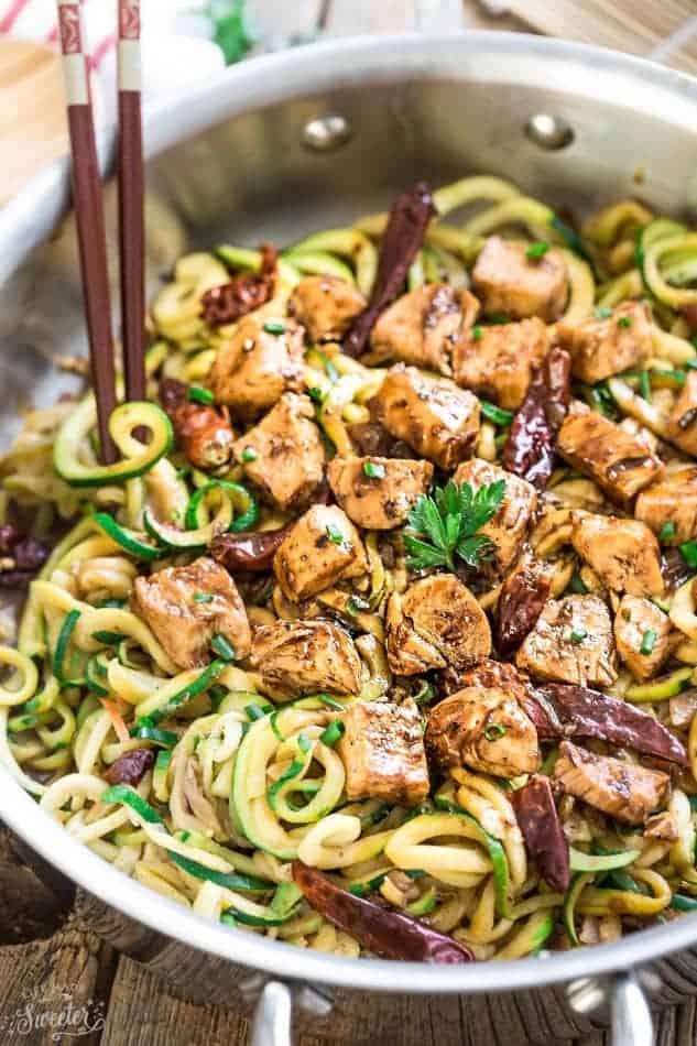 Close-up view of Kung Pao Chicken Zoodles {Zucchini Noodles} in a skillet