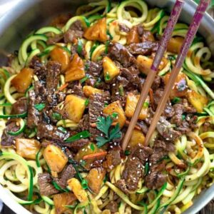 One Pan Mongolian Beef Zoodles make the perfect easy weeknight meal! Best of all, it comes together in under 30 minutes with just one pot to clean!