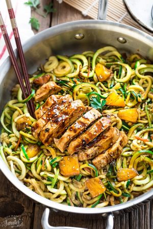 skillet of Teriyaki Chicken with zucchini noodles