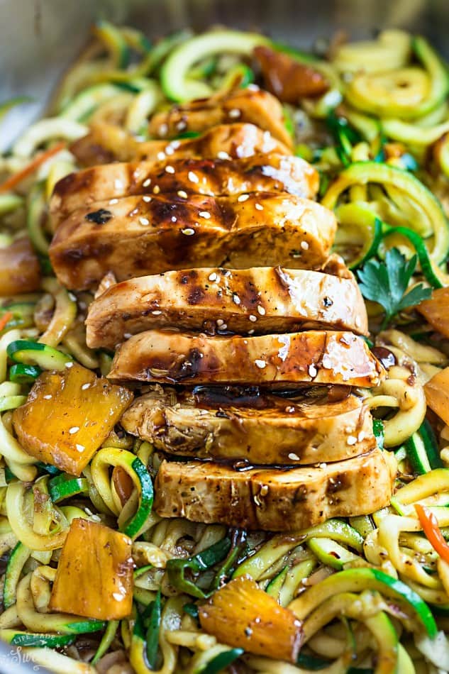 Close-up view of Teriyaki Chicken Zoodles