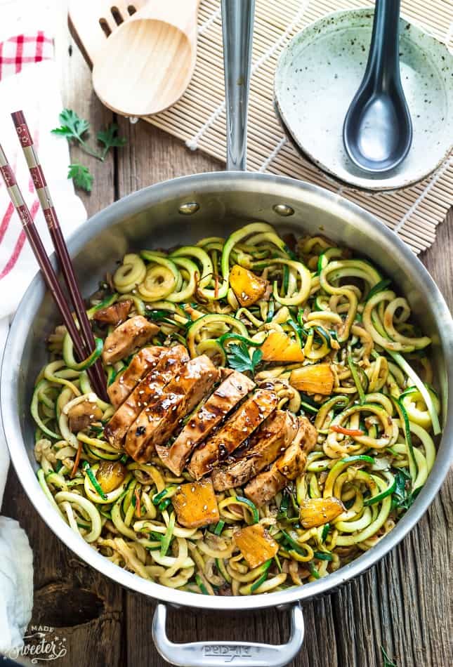 Top view of Teriyaki Chicken Zoodles in a pan with chopsticks