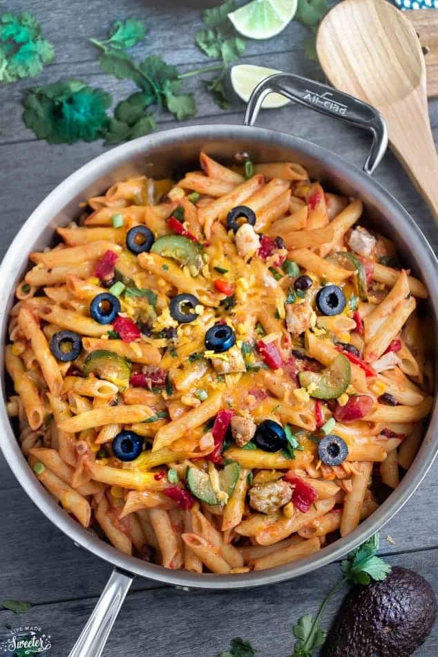 One Pot Chicken Enchilada Pasta Skillet