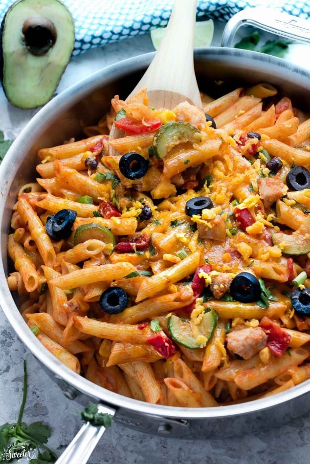 One Pot Chicken Enchilada Pasta Skillet