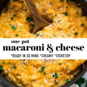 Overhead Pinterest image for one pot macaroni and cheese in dark bowl with wooden spoon.