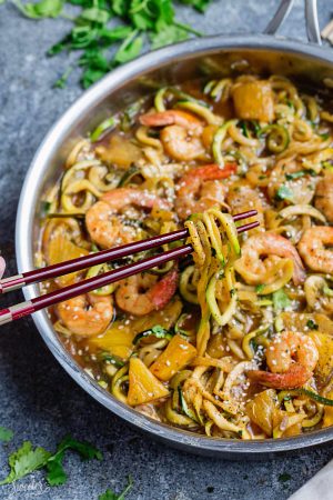One Pan Teriyaki Shrimp Zoodles {Zucchini Noodles} is the perfect easy gluten free (or paleo) weeknight meal! Best of all, it takes only 30 minutes to make in just one pot and is so much healthier and better than takeout! Great for Sunday meal prep and leftovers make delicious lunch bowls for work or school lunchboxes! Plus Video!