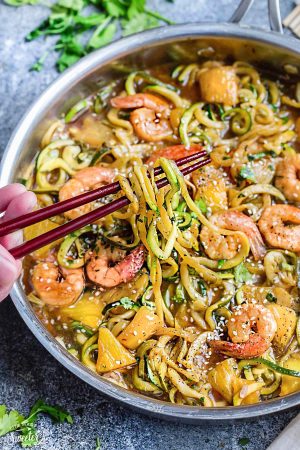 One Pan Teriyaki Shrimp Zoodles {Zucchini Noodles} is the perfect easy gluten free (or paleo) weeknight meal! Best of all, it takes only 30 minutes to make in just one pot and is so much healthier and better than takeout! Great for Sunday meal prep and leftovers make delicious lunch bowls for work or school lunchboxes! Plus Video!
