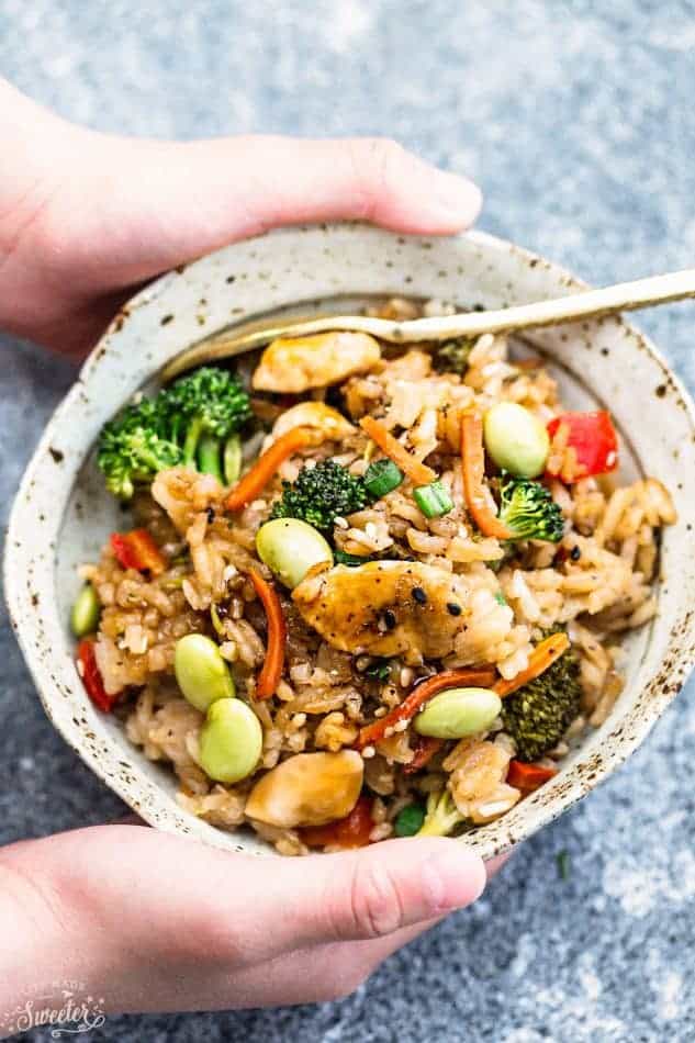 One Pot Teriyaki Rice with Chicken and Vegetables is the perfect easy weeknight meal. Best of all, everything cooks up in just ONE pan and has all the flavors of your favorite takeout restaurant dish. A great Sunday meal prep recipe for your work or school lunchbox or lunch bowl and way better than takeout!