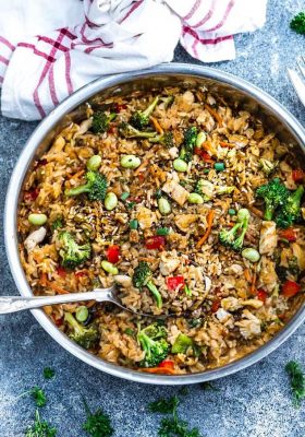 Top view of Teriyaki Rice with Chicken and Vegetables in a skillet