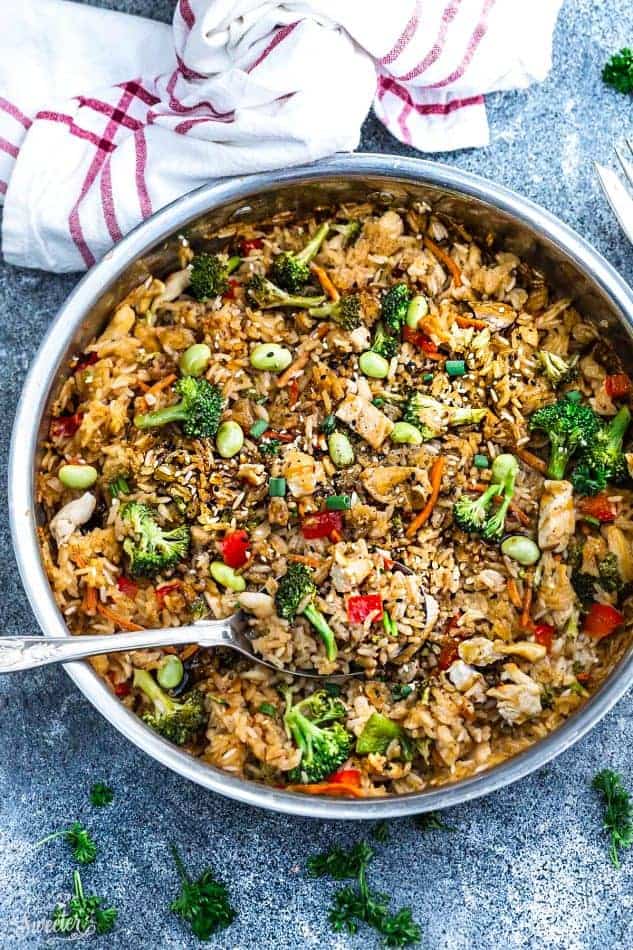 Top view of Teriyaki Rice with Chicken and Vegetables in a skillet