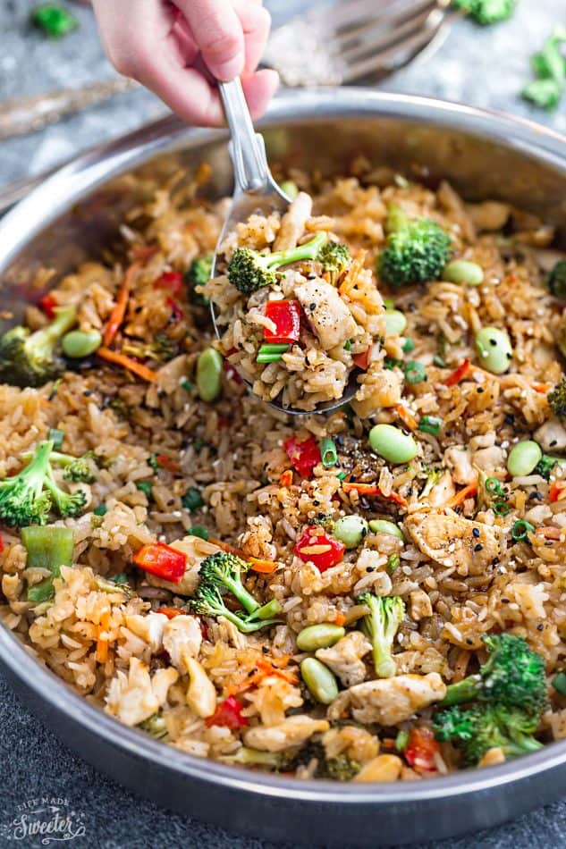 One Pot Teriyaki Rice with Chicken and Vegetables is the perfect easy weeknight meal. Best of all, everything cooks up in just ONE pan {plus bonus Instant Pot pressure cooker instructions} and has all the flavors of your favorite takeout restaurant dish. A great Sunday meal prep recipe for your work or school lunchbox or lunch bowl and way better than takeout!