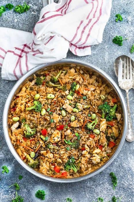 One Pot Teriyaki Rice with Chicken and Vegetables is the perfect easy weeknight meal. Best of all, everything cooks up in just ONE pan {plus bonus Instant Pot pressure cooker instructions} and has all the flavors of your favorite takeout restaurant dish. A great Sunday meal prep recipe for your work or school lunchbox or lunch bowl and way better than takeout!