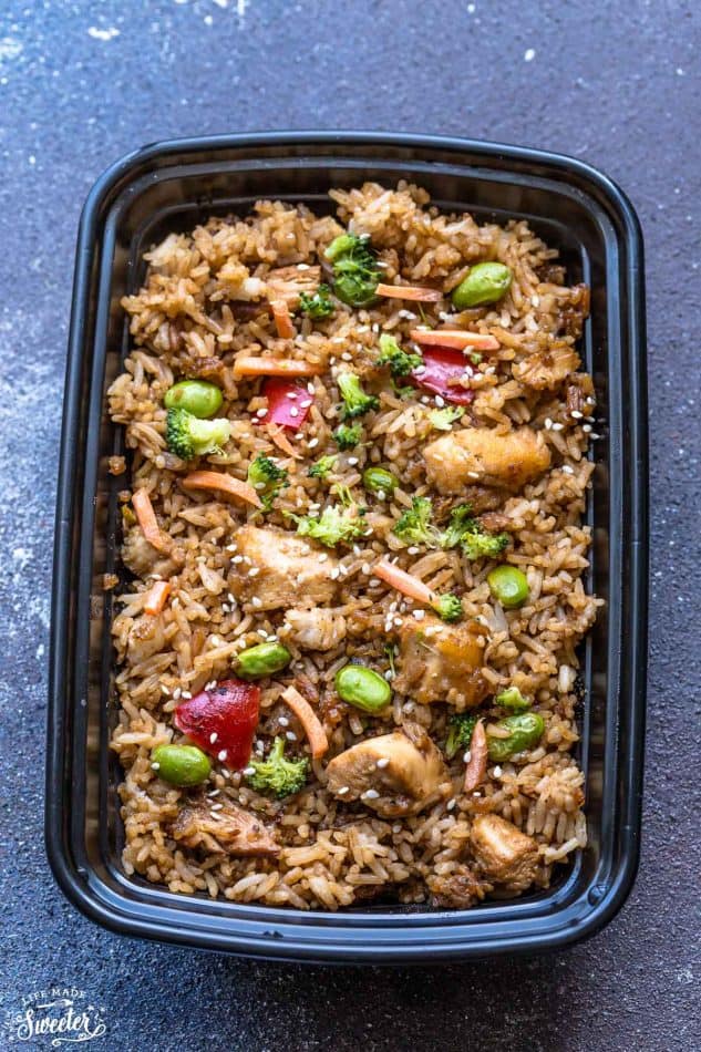 One Pot Teriyaki Rice with Chicken and Vegetables is the perfect easy weeknight meal. Best of all, everything cooks up in just ONE pan {plus bonus Instant Pot pressure cooker instructions} and has all the flavors of your favorite takeout restaurant dish. A great Sunday meal prep recipe for your work or school lunchbox or lunch bowl and way better than takeout!