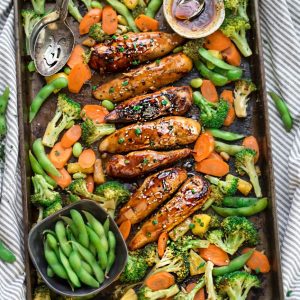 8 baked teriyaki chicken tenders surrounded by vegetables and homemade teriyaki sauce on a baking sheet