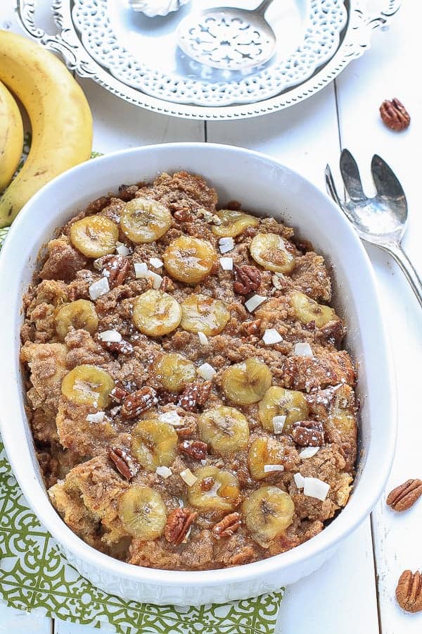 Overnight Banana French Toast Bake with Streusel makes the perfect weekend breakast.