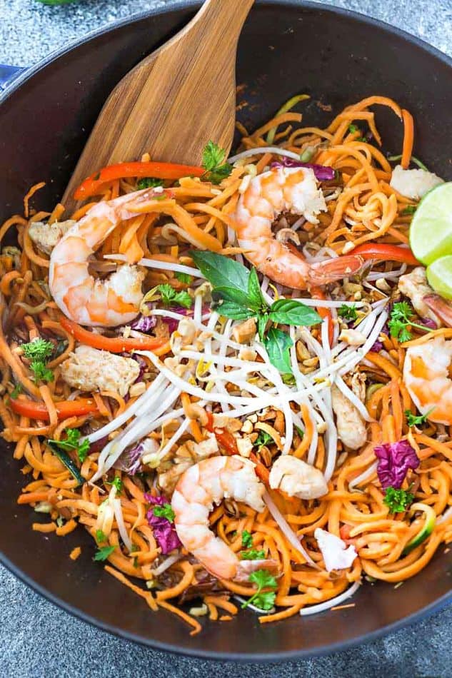 This recipe for Sweet Potato Pad Thai Noodles is the perfect easy 30 minute one pan meal. Best of all, full of all the authentic flavors of the popular restaurant favorite in a grain free version. So delicious and way better and healthier than takeout!