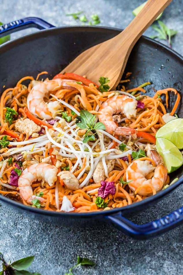 This recipe for Sweet Potato Pad Thai Noodles is the perfect easy 30 minute one pan meal. Best of all, full of all the authentic flavors of the popular restaurant favorite in a grain free version. So delicious and way better and healthier than takeout!