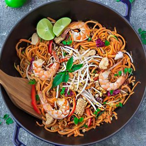 This recipe for Sweet Potato Pad Thai Noodles is the perfect easy 30 minute one pan meal. Best of all, full of all the authentic flavors of the popular restaurant favorite in a grain free version. So delicious and way better and healthier than takeout!