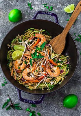 This recipe for Pad Thai Zucchini Noodles (Zoodles) is the perfect easy 30 minute one pan stir-fry meal. Best of all, it's full of all the authentic flavors of the popular restaurant favorite in a grain free version. So delicious and way better and healthier than takeout! Great for Sunday meal prep and packing into school and work lunchboxes and lunch bowls.