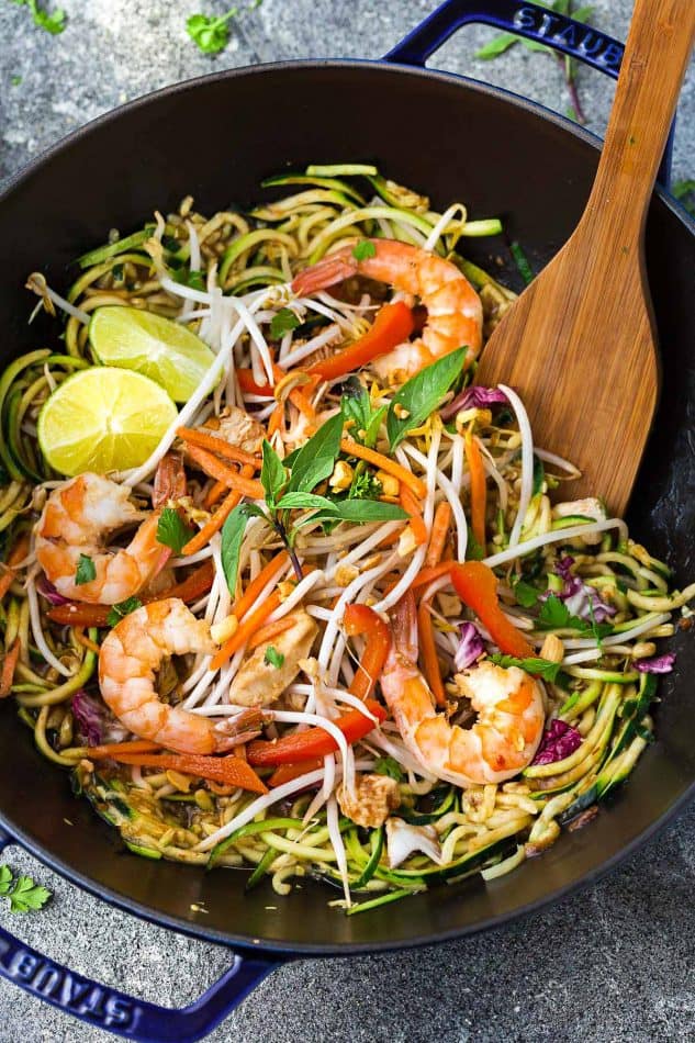 This recipe for Pad Thai Zucchini Noodles (Zoodles) is the perfect easy 30 minute one pan stir-fry meal. Best of all, it's full of all the authentic flavors of the popular restaurant favorite in a grain free version. So delicious and way better and healthier than takeout! Great for Sunday meal prep and packing into school and work lunchboxes and lunch bowls.