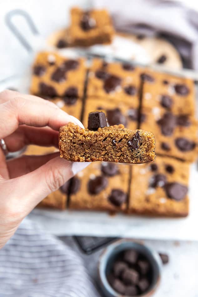 Close up view of chocolate chip cookie bars