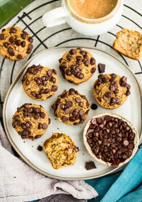 Top view of paleo zucchini muffins on a plate
