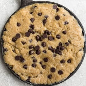 Top view of paleo cookie dough in a cast iron skillet