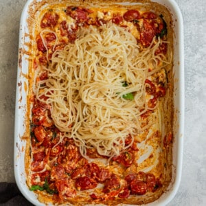Top view of keto baked pasta in a white casserole dish