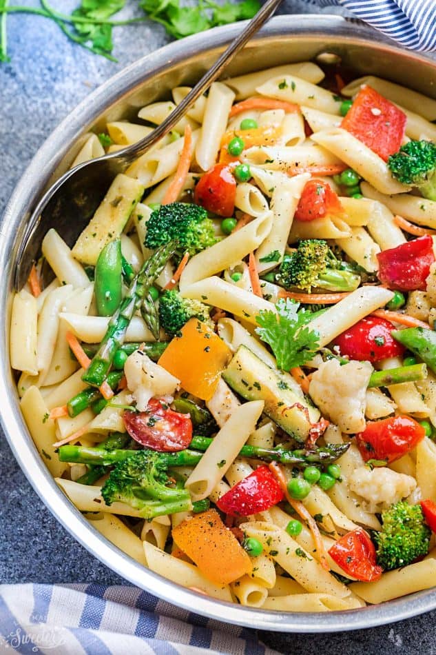 Close-up of pasta primavera in a skillet