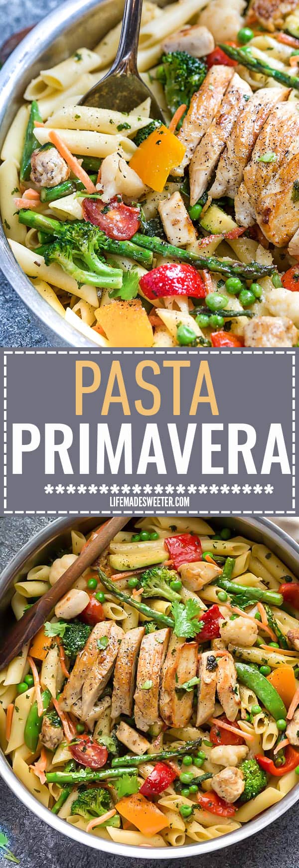 This Pasta Primavera recipe comes together in under 30 minutes so it's perfect for busy weeknights. Best of all, it's chock full of fresh lemon, asparagus, snap peas, carrots and cherry tomatoes.