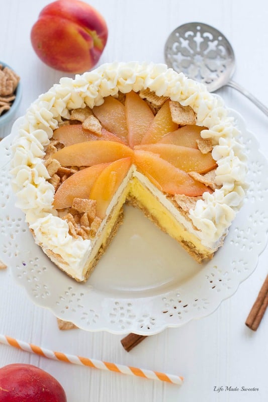 Peach Cobbler Ice Cream Cake with Cinnamon Toast Crunch