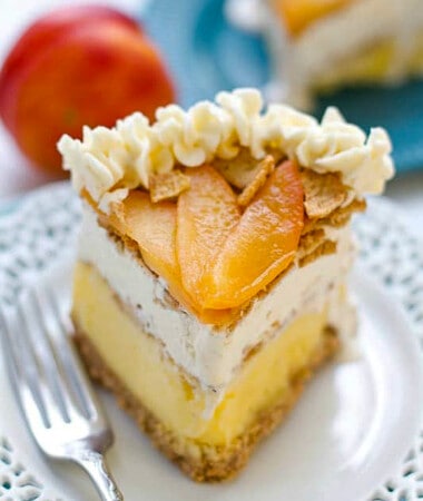 Side shot of one slice of peach ice cream cake on a white plate with a fork